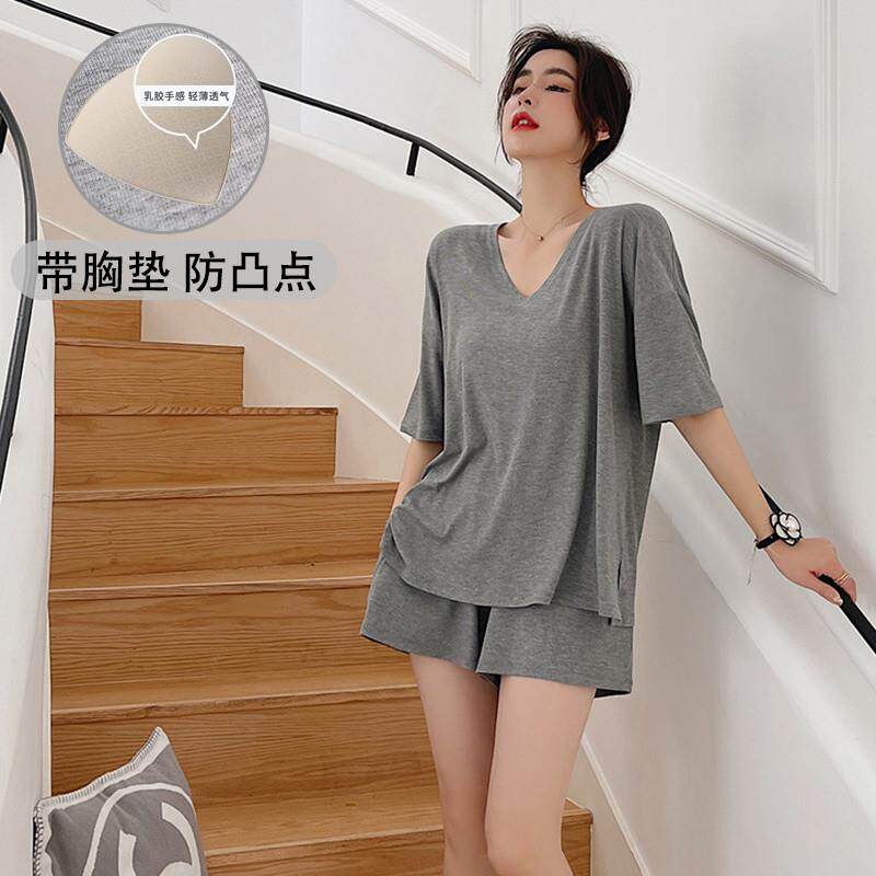 带胸垫睡衣女夏季莫代尔短袖套装宽松韩版家居服薄款时尚简约领