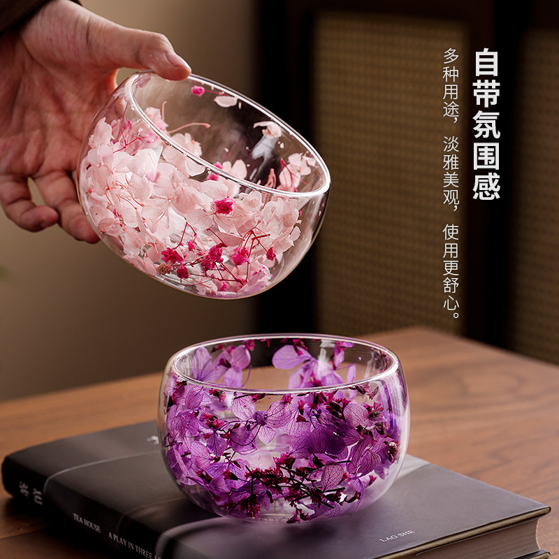 网红高颜值双层家用甜品碗水果高硼硅玻璃双层带花防烫碗甜品碗
