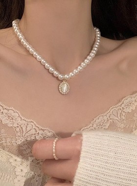 法式复古猫眼石珍珠项链女轻奢小众高级感锁骨链简约百搭吊坠饰品