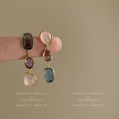 不对称彩色宝石耳环银针中古撞色耳钉小众设计感高级独特流苏耳饰