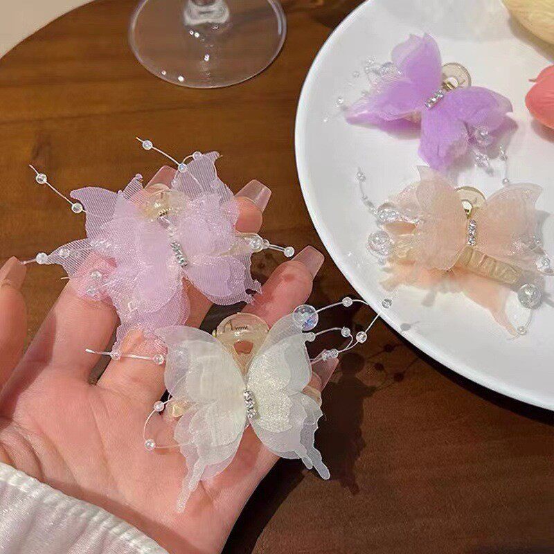 超仙蝴蝶泡泡女新款珍珠小抓夹高端发夹侧边刘海夹半扎发夹子头饰