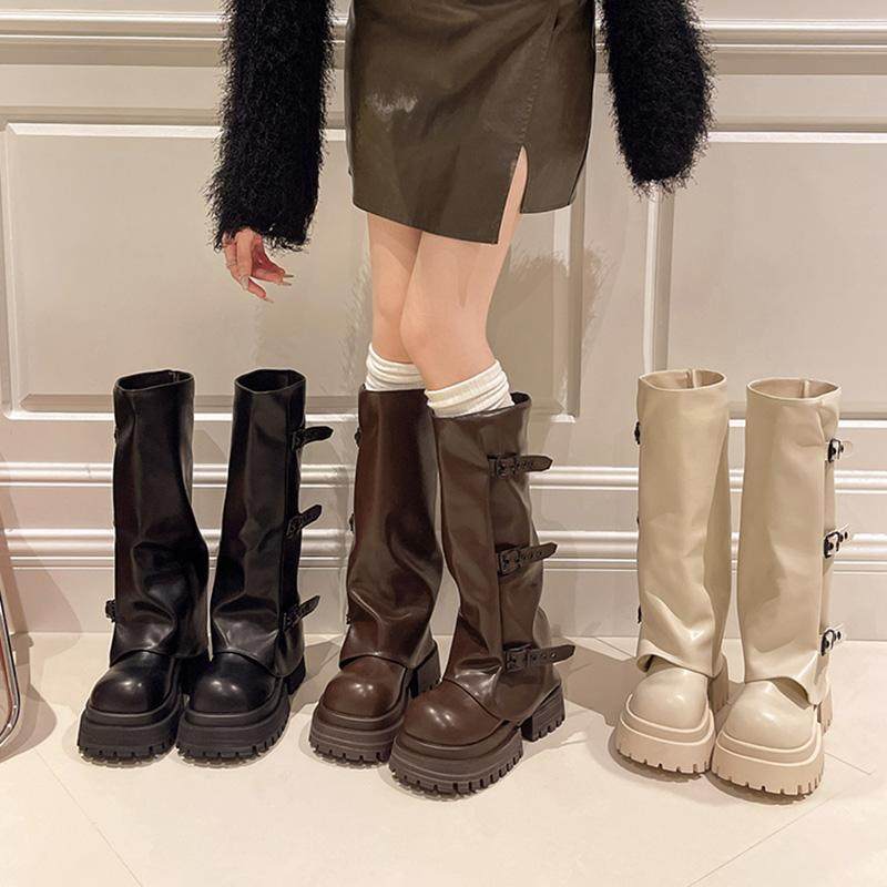 美拉德棕色长筒裤管靴女春秋新款英伦风皮带扣骑士靴复古厚底长靴,女鞋,时装靴,淘宝优惠券,粉丝福利购,淘宝优惠卷
