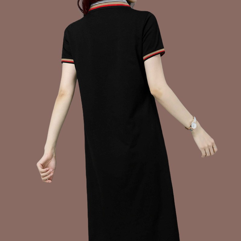 纯棉连衣裙女2023夏季翻领棉绸针织裙休闲妈妈装长款短袖t恤裙子