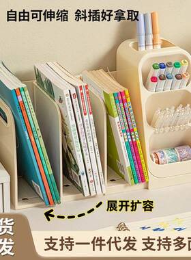 桌面书立架可伸缩加厚加大分类款置物架图书画笔二合一文具收纳盒