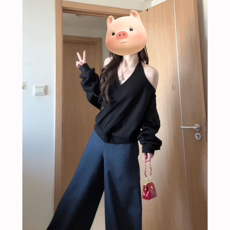 大码胖mm美式复古气质辣妹露肩V领宽松长袖黑色卫衣T恤女挂脖上衣