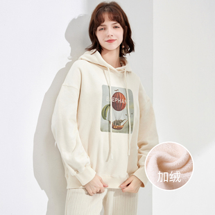 【100%棉】24春款连帽纯棉卫衣复古印花上衣加厚卫衣女