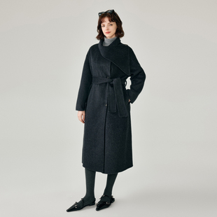 纳纹秋冬款双面呢翻领中长款呢外套气质双面呢羊毛大衣女