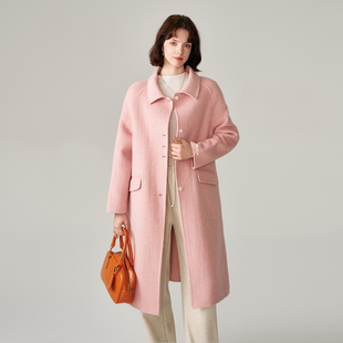 纳纹冬款纯色翻领中长款外套简约气质双面呢羊毛大衣女