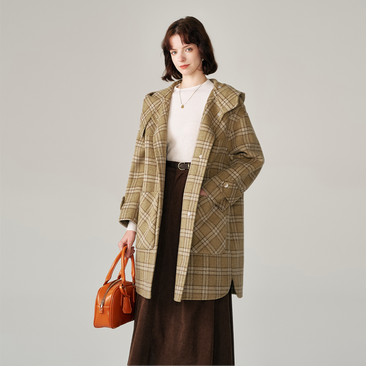 2025秋冬款格纹连帽设计感外套上衣休闲气质中长款羊毛大衣女