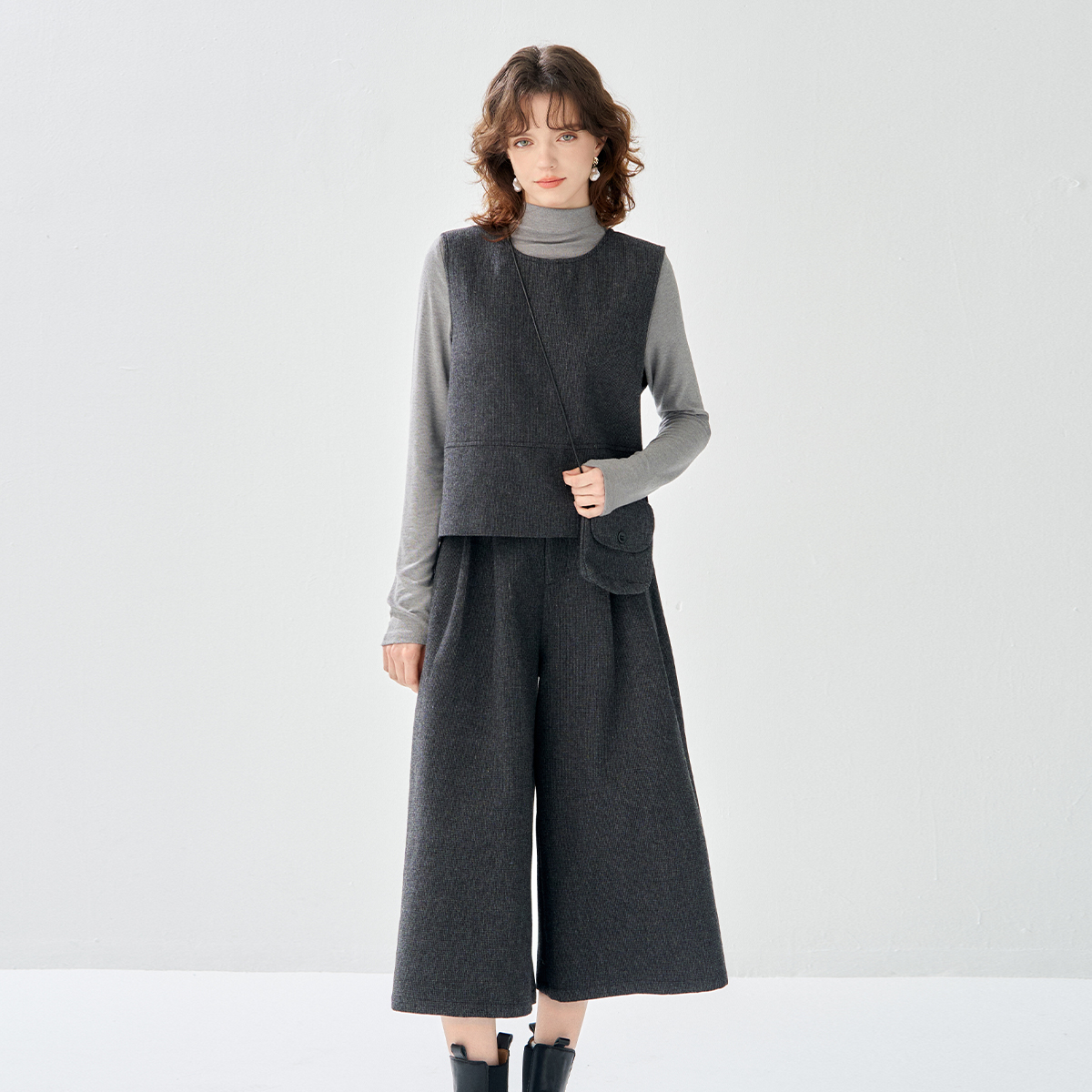 【含绵羊毛】25冬小香风马甲针织内搭上衣高腰半裙三件套套装女