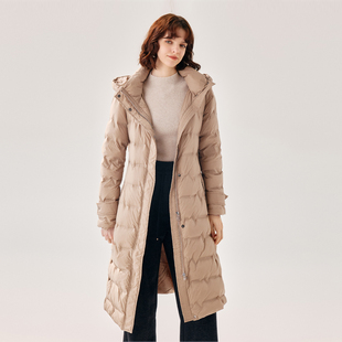 纳纹冬款长款羽绒连帽外套时尚气质白鸭绒保暖羽绒服女