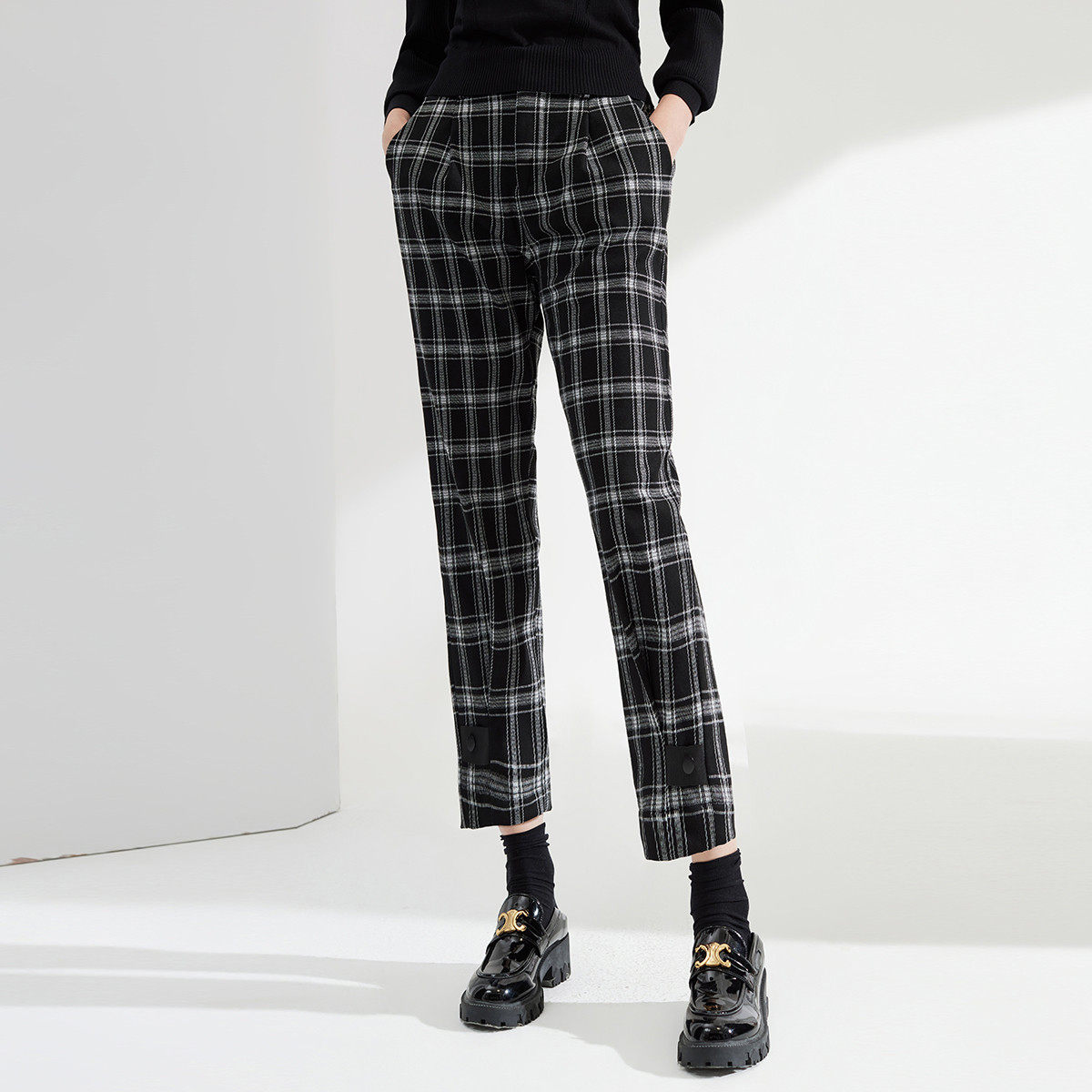 2025宽松格纹撞色高腰哈伦裤显瘦长裤女式休闲裤女