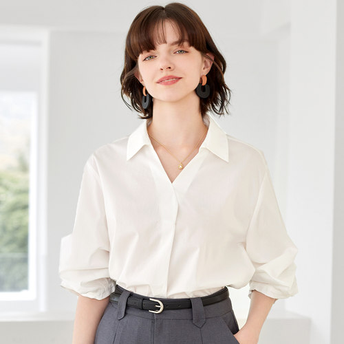 2026春款白衬衫女OL简约中袖衬衣翻领上衣通勤休闲衬衫女