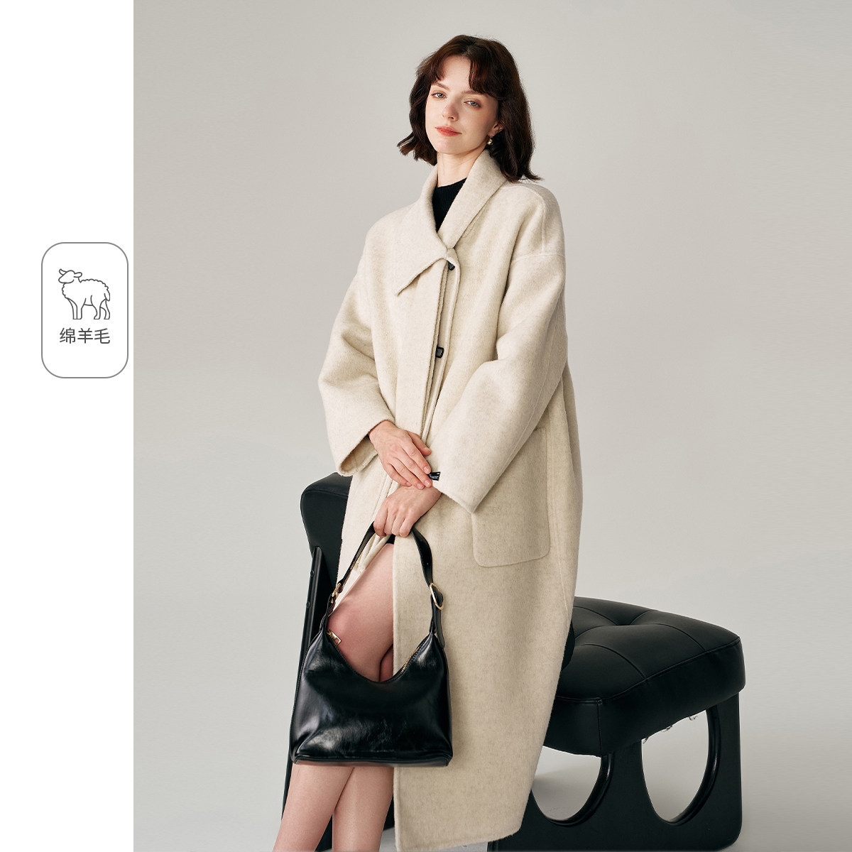 2025秋冬款新宽松纯色简约围巾领长款双面呢外套休闲羊毛大衣女,女装/女士精品,毛呢外套,淘宝优惠券,粉丝福利购,淘宝优惠卷