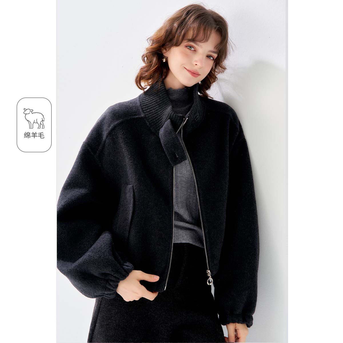 2025冬款纯色立领短款羊毛外套气质保暖时尚双面呢大衣女