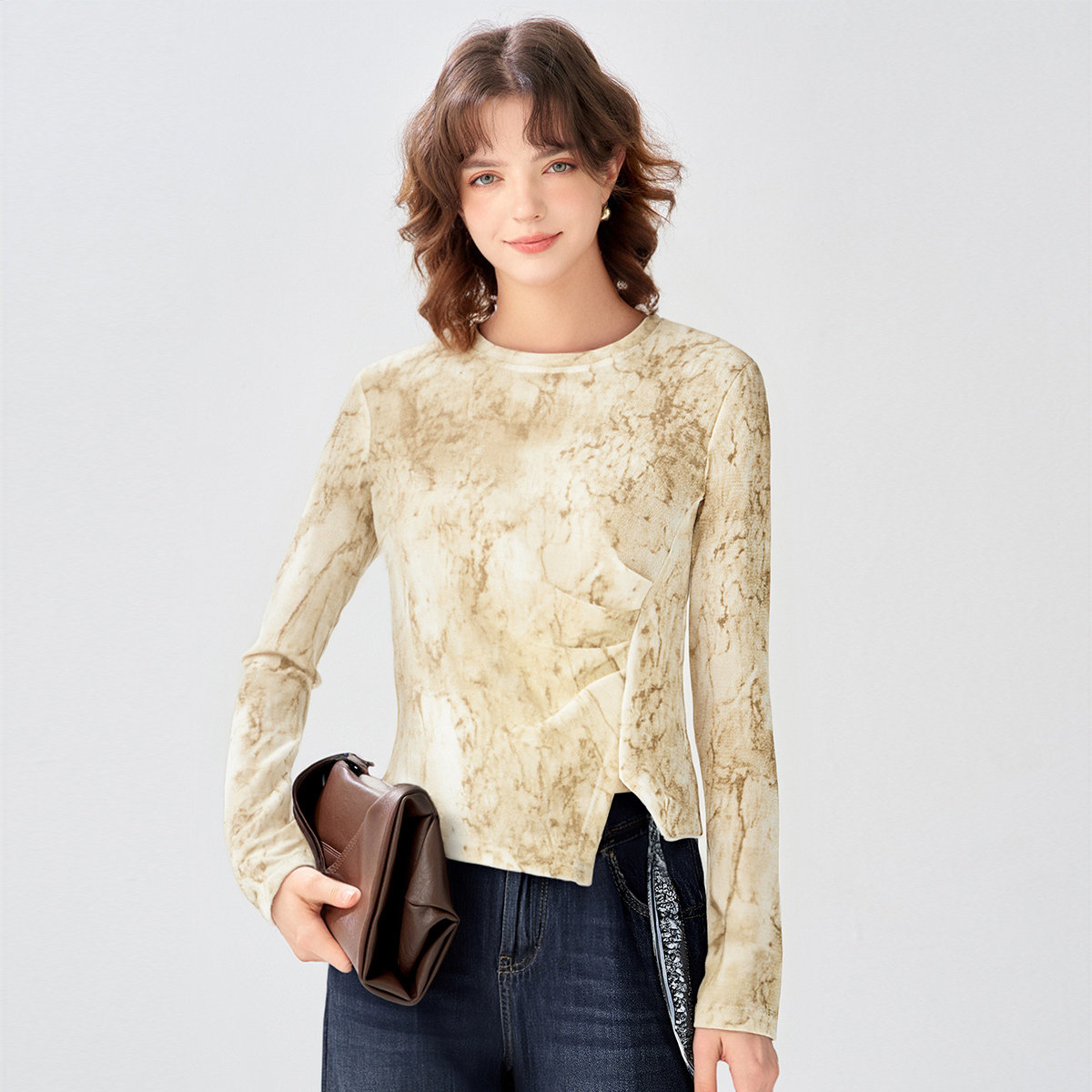 2026春款复古水墨扎染圆领打底衫上衣显瘦气质百搭T恤女