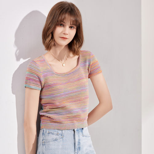 2024针织上衣纳纹套头u领