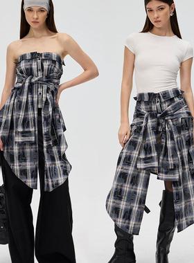 F1protagonist  两穿格子抹胸衬衫复古叠穿修身显瘦不对称半裙