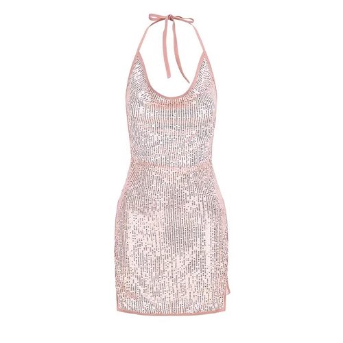 性感挂脖开叉连衣裙禁欲系女装风