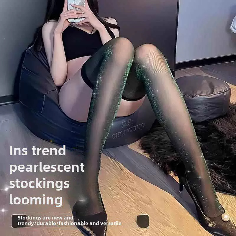 性感珠光皮肤美化过膝长袜的妇女夏天薄黑色丝绸油性长袜Jk心情蕾