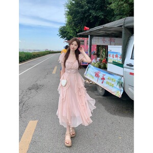 法式方领甜美温柔仙女风连衣裙女夏季新款女装收腰中长款裙子