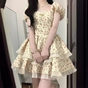 茶歇法式连衣裙女夏碎花裙高级感收腰背后镂空在逃公主蓬蓬蛋糕裙