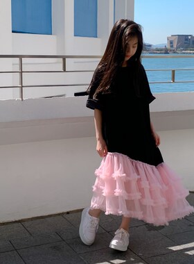 现货leby亲子装童连衣裙夏季儿童短袖t恤裙针织拼网纱母装T裙