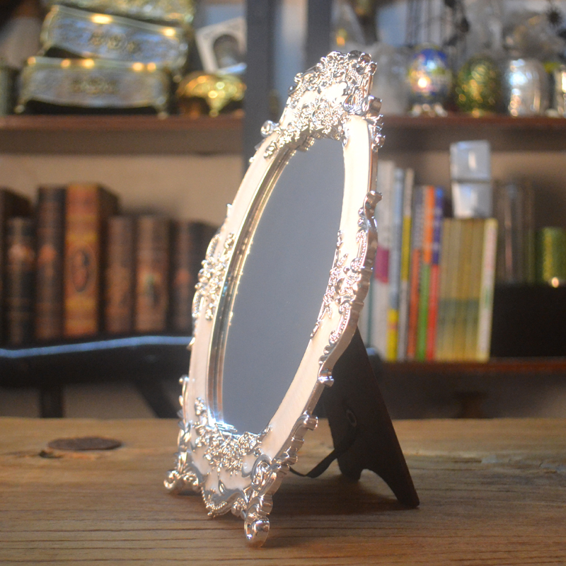 精美欧式银白色PV化梳妆公主镜少女台式桌面可爱镜子装.饰用品摆