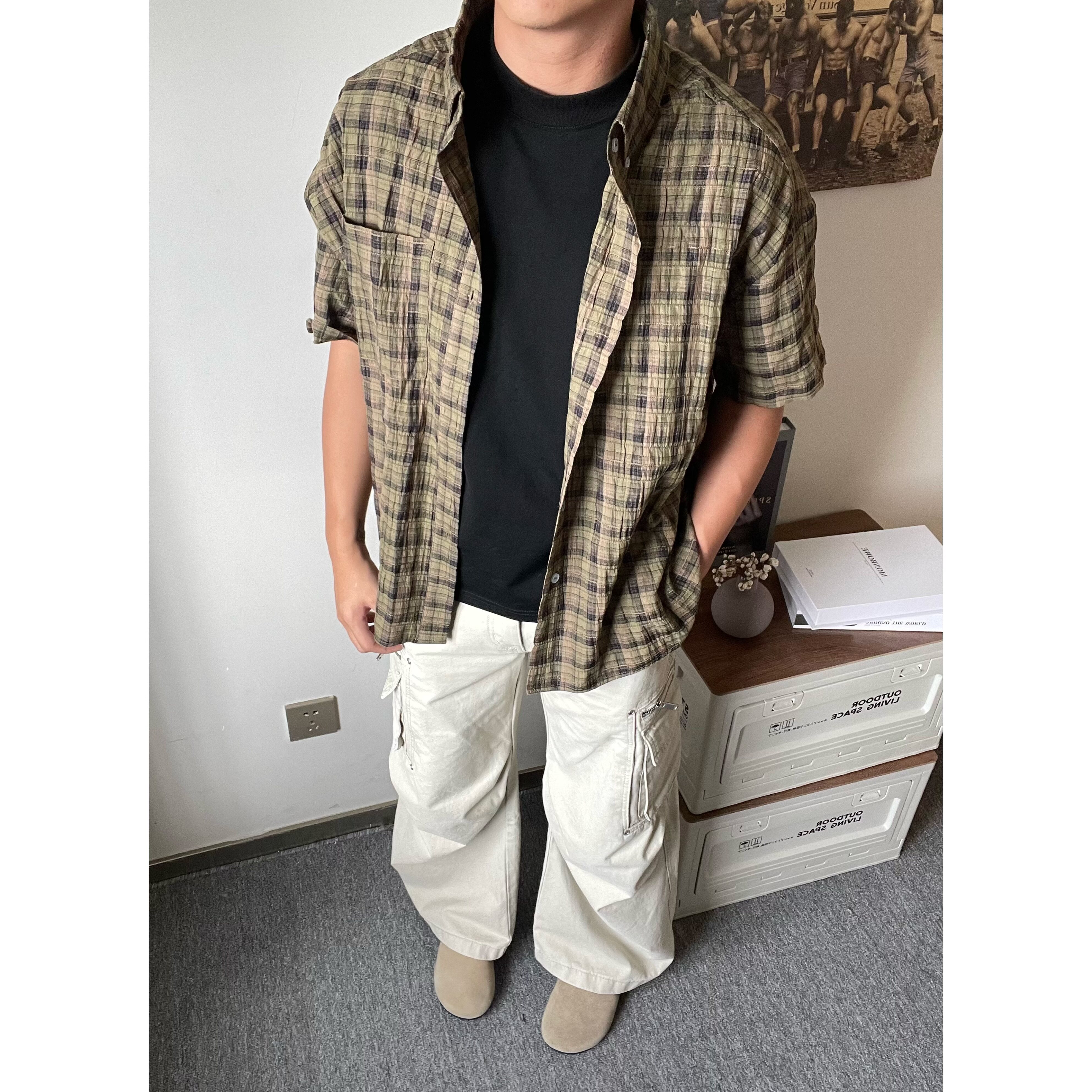 黑熊夏季美式复古格子衬衫