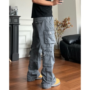 裤 显瘦工装 男777 高街痞帅硬挺多口袋微喇水洗做旧牛仔裤 黑熊美式