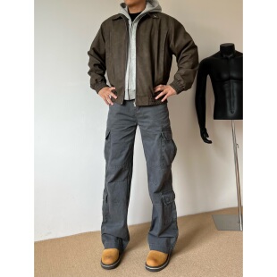 水洗做旧痞帅显瘦直筒牛仔裤 裤 男3272 高街硬挺多口袋工装 黑熊美式