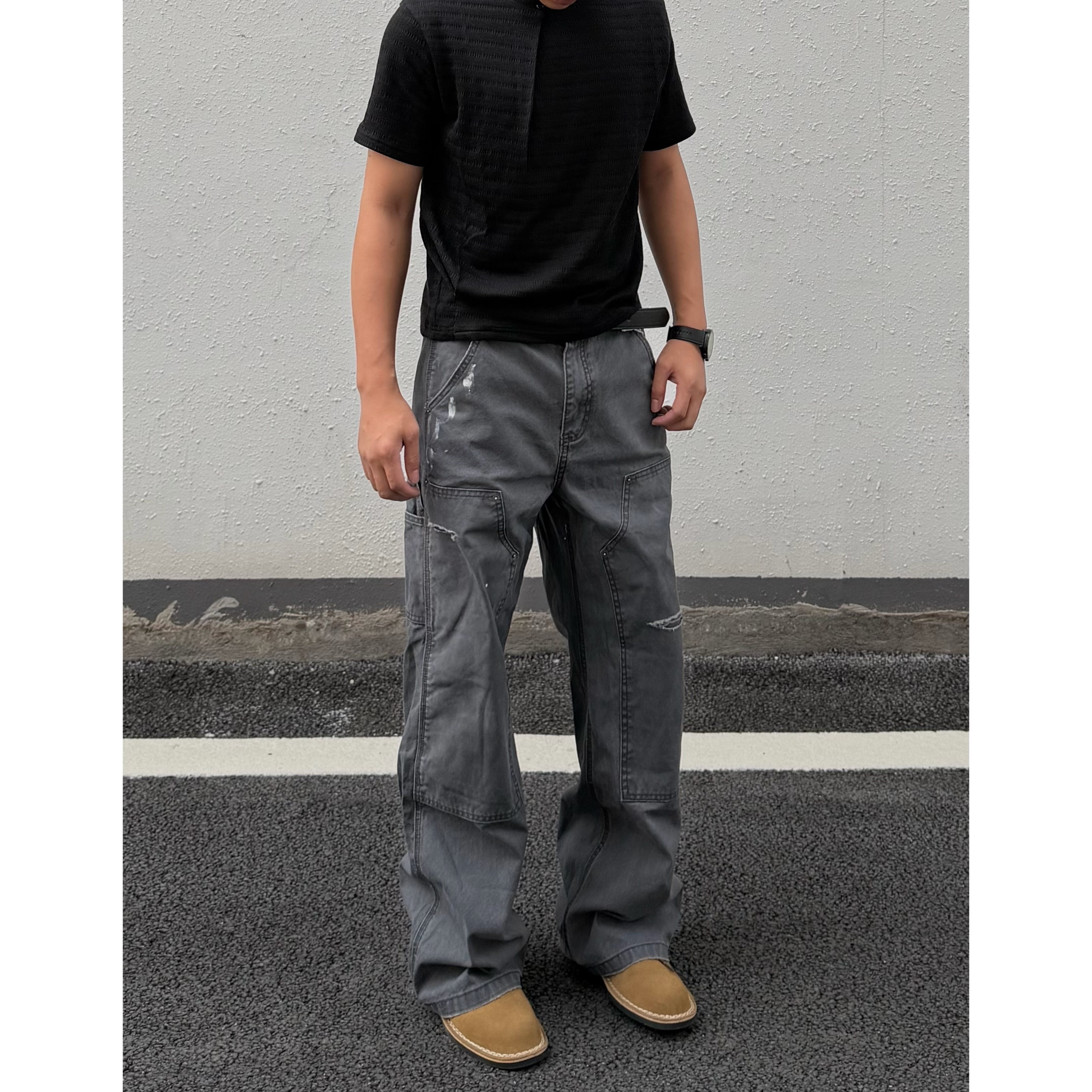 黑熊痞帅春夏水洗脏染割破伐木裤直筒显瘦铆钉显高工装裤男女F02