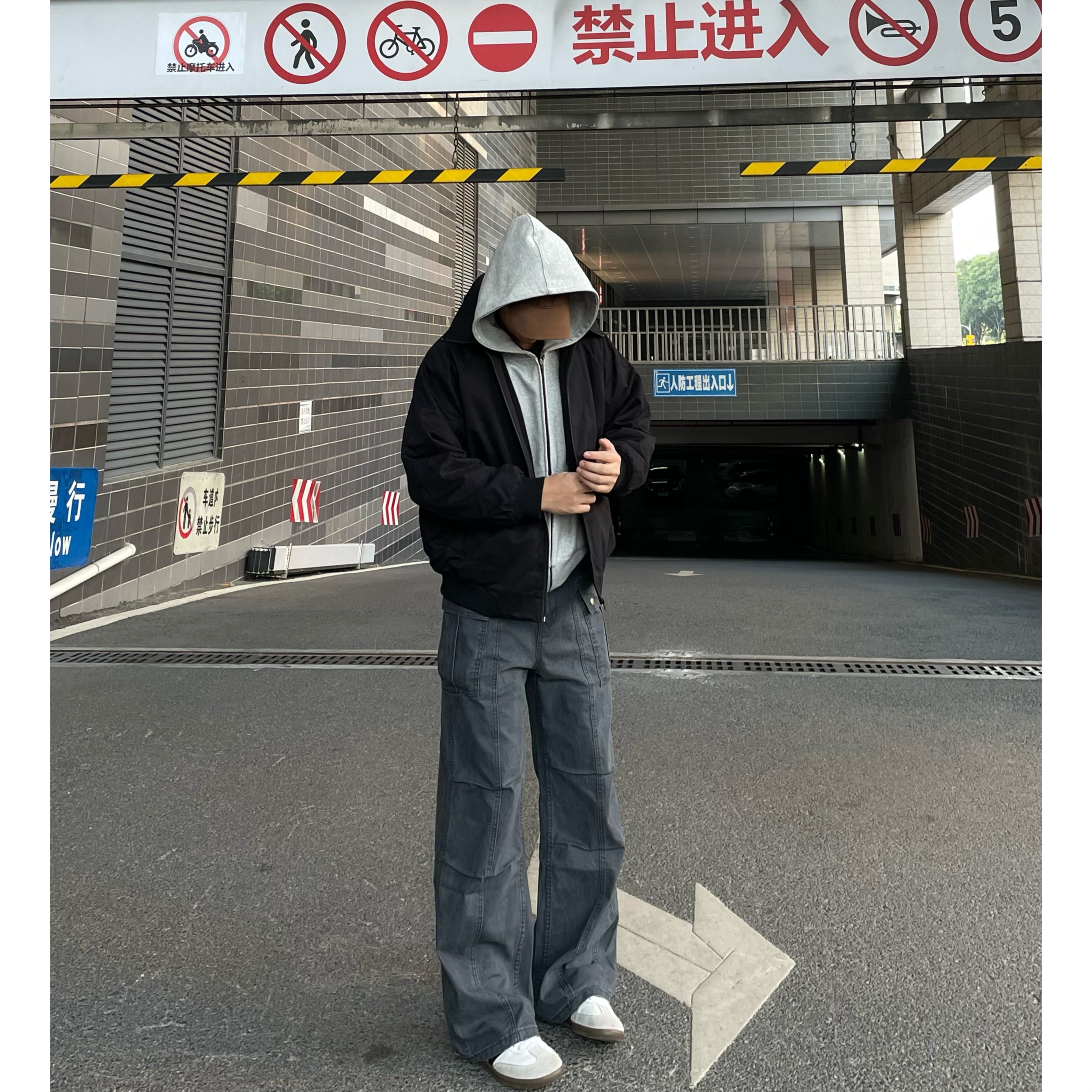 拉链长裤水洗秋冬做旧微喇