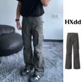 黑熊美式 宽松显瘦长裤 高街大口袋褶皱微喇硬挺工装 牛仔男女同款