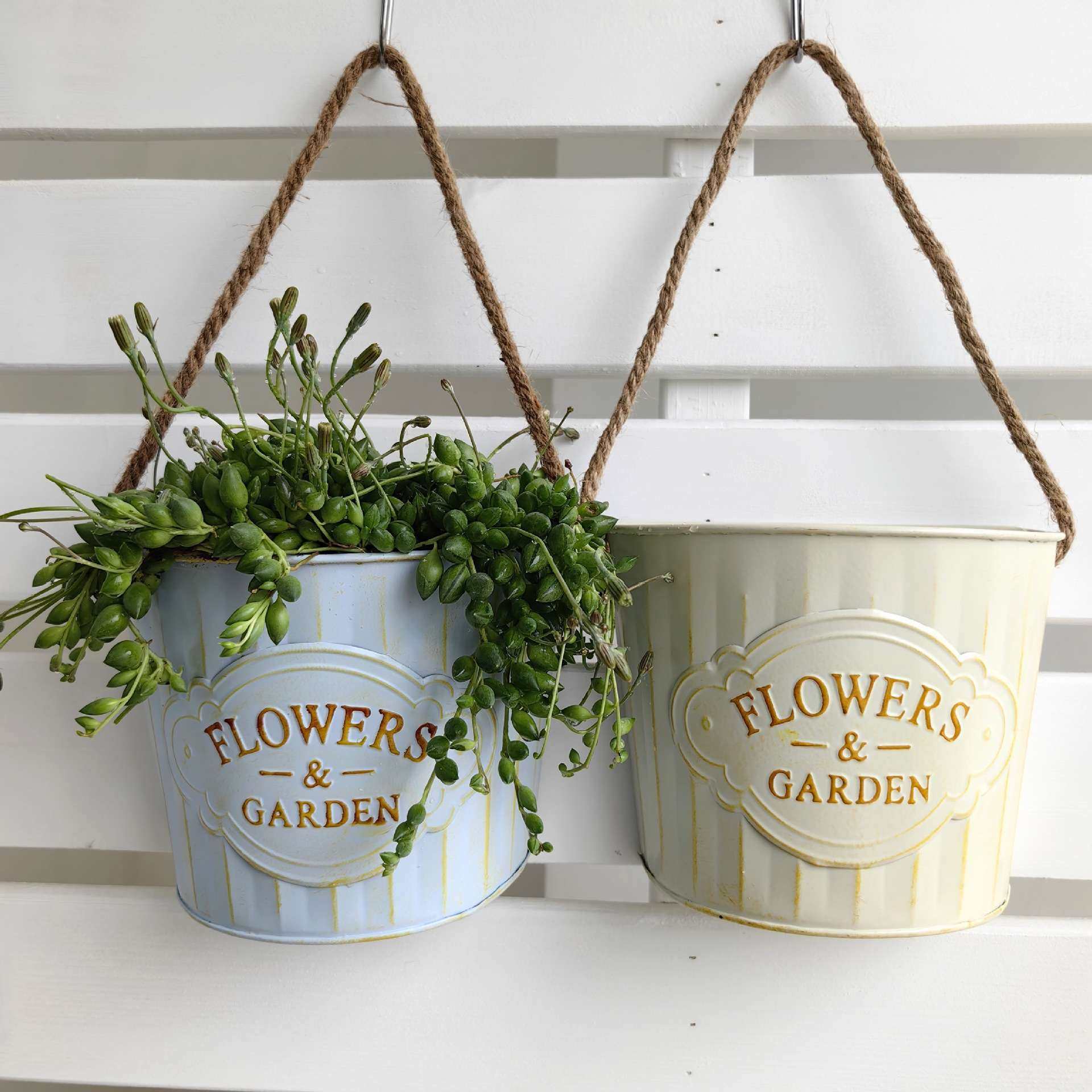 复古做旧半圆形铁艺壁挂铁皮干花多肉麻绳吊桶挂式阳台悬挂花盆,家居饰品,花篮,淘宝优惠券,粉丝福利购,淘宝优惠卷