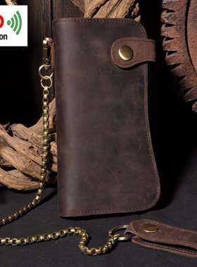 B161RFID防消磁防盗刷铁链防盗疯马皮钱包复古风格头层牛皮手钱包