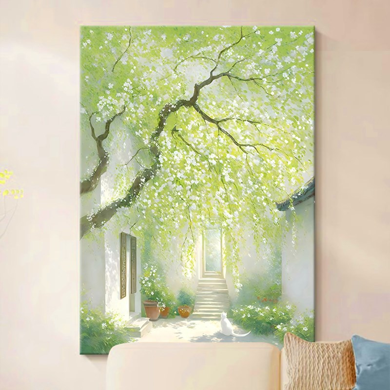现代简约小清新纯手绘p油画大树绿色系客厅装饰画餐厅卧室玄关挂图片