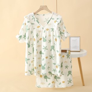短q袖 薄款 纯棉纱布睡衣女夏季 短裤 棉纱V领甜美宽松大码 家居服套装