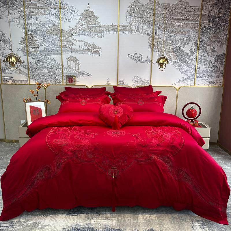 九色喜狐庆家纺结H1141婚床上品大红四婚件套龙凤刺绣贡用缎全棉,床上用品,婚庆床品套件,淘宝优惠券,粉丝福利购,淘宝优惠卷