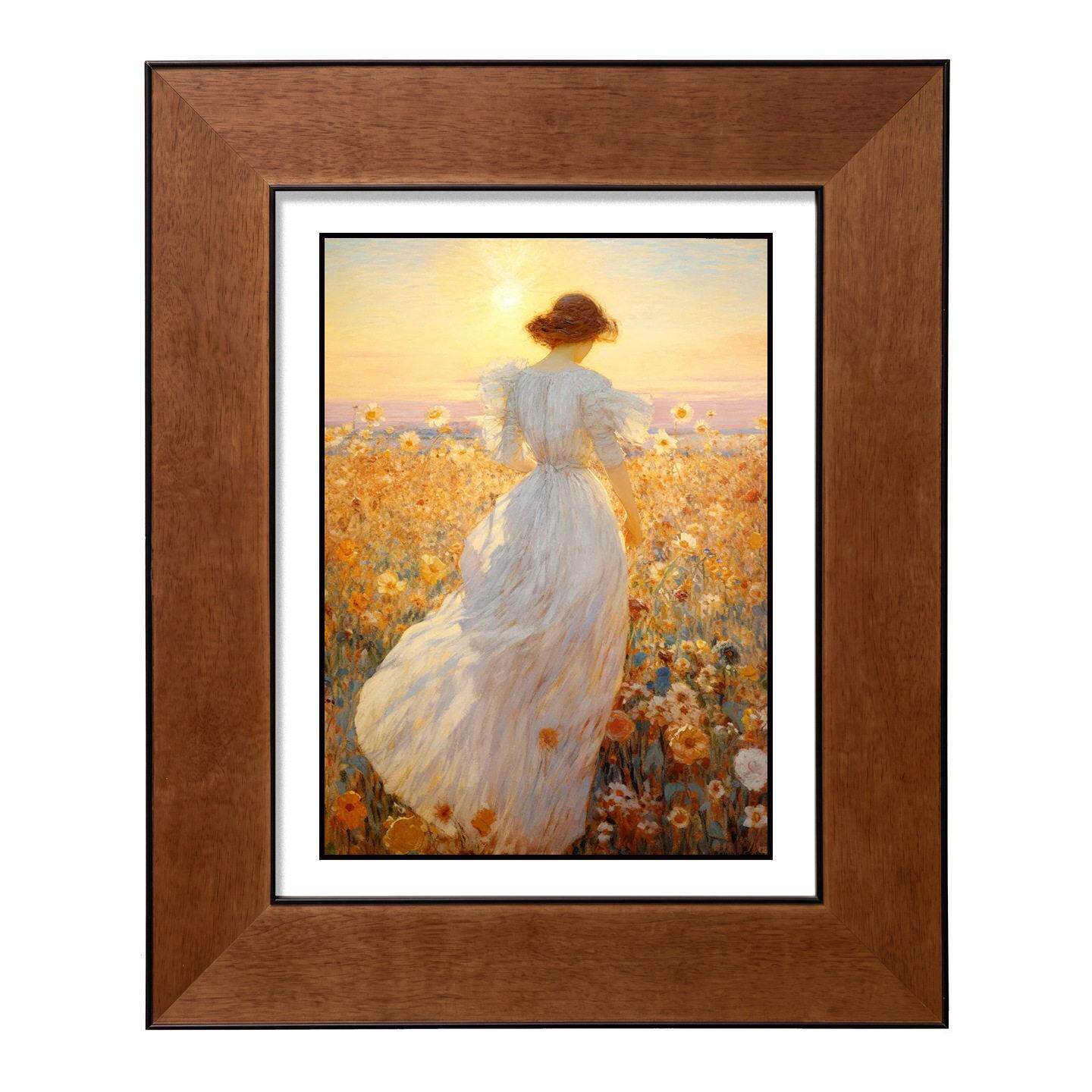 法式日落花海少女复古油画装饰画实木框卧室玄关摆画民宿软装挂画
