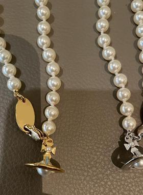 鎏金蓝色立体土星珍珠项链白色珐琅orb飞碟珍珠项链