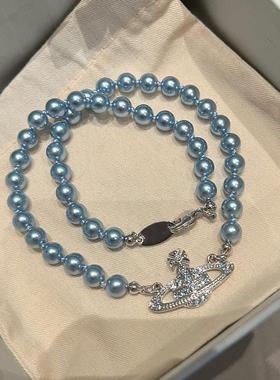 蓝色土星珍珠项链手链经典平面土星吊坠小众高级感颈链手饰