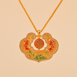 新中式鱼跃龙门祥云锁福字吊坠铜镀金如意锁包吊坠锦鲤锁项链女