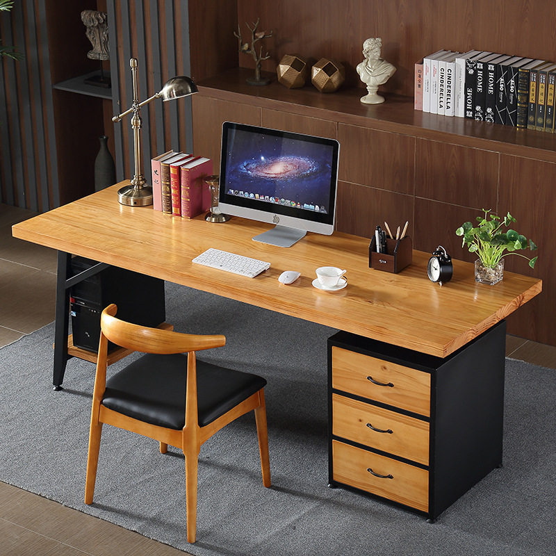 美式loft实木复古电脑桌带抽屉主机架办公桌工业风铁艺书桌工作台