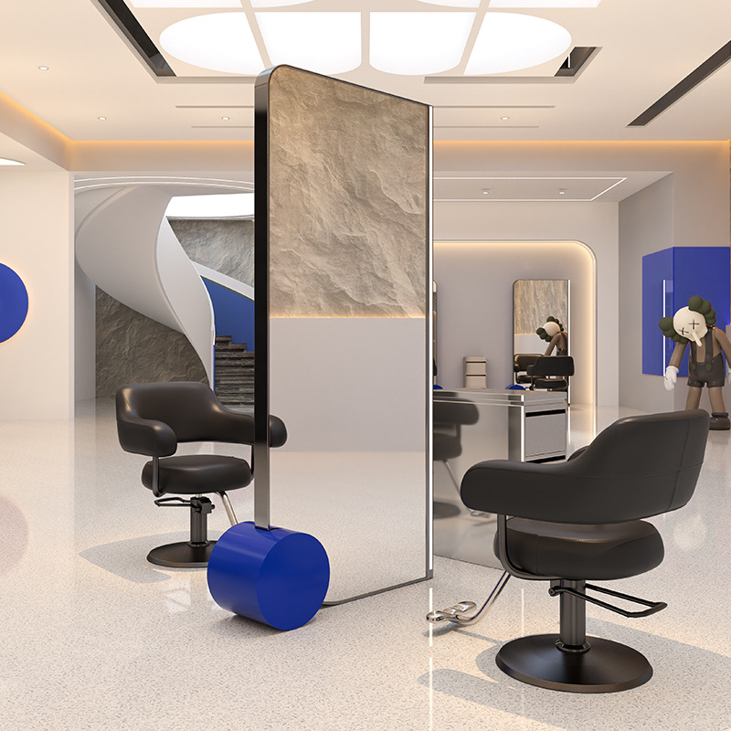 网红美发店镜子带灯不锈钢理发镜子工作室专用单双面落地式剪发镜