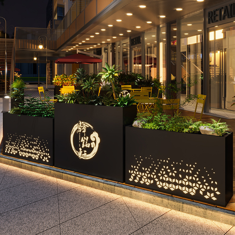 户外铁艺不锈钢花箱花槽组合太阳能灯光餐厅围栏隔断售楼部广场