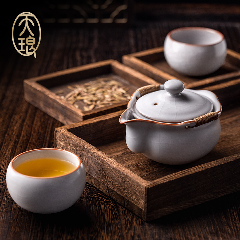 汝窑羊脂白玉釉手抓壶套组高档礼品茶具茶器功夫茶不烫手防烫瓷器