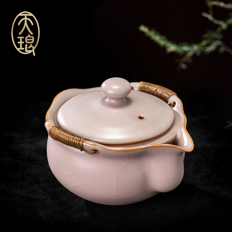 汝窑粉珀釉手抓壶高端礼品茶壶盖碗泡茶功夫茶防烫蝉翼纹瓷器女士