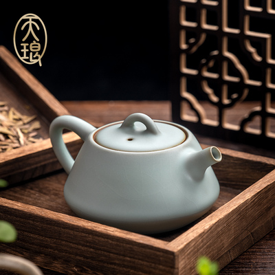 天琅窑 天青汝窑石瓢壶 蝉翼纹可养开片高端茶具收藏