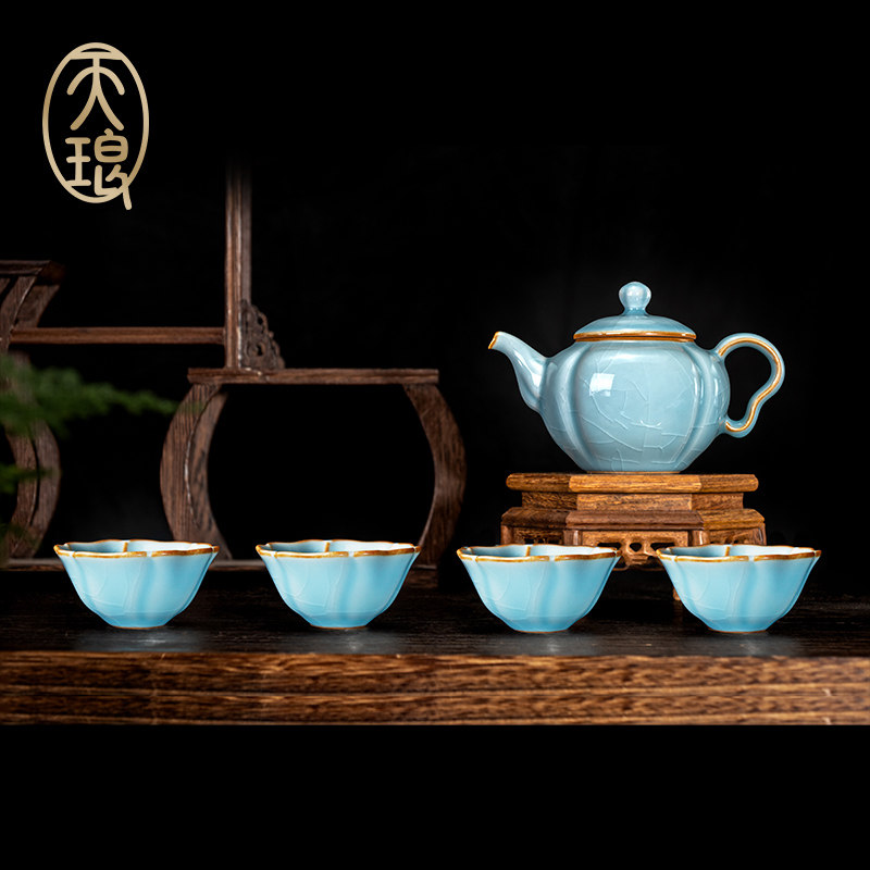 天琅窑 哥窑小茶组 冰裂纹球孔过滤开片高端茶具 富贵茶壶套组